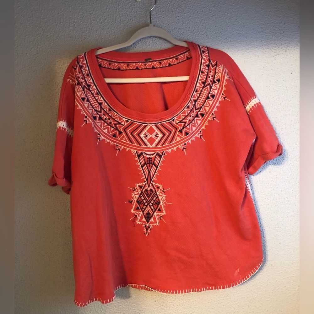 Free People Orange top with white & navy embroidery